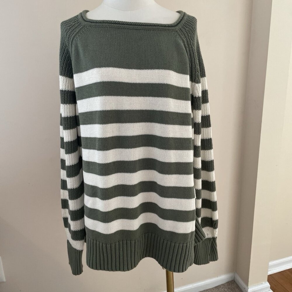 Aerie Bistro Roll Neck Relaxed Sweater Women's L Olive Green Striped Cotton NWOT - Picture 13 of 16
